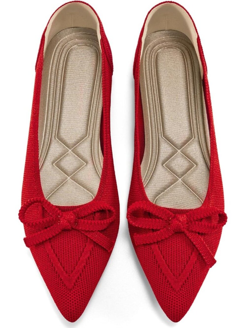 Women's Red Dressy Pointed Toe Bow Knit Flats Comfortable Slip On Ballet Flats